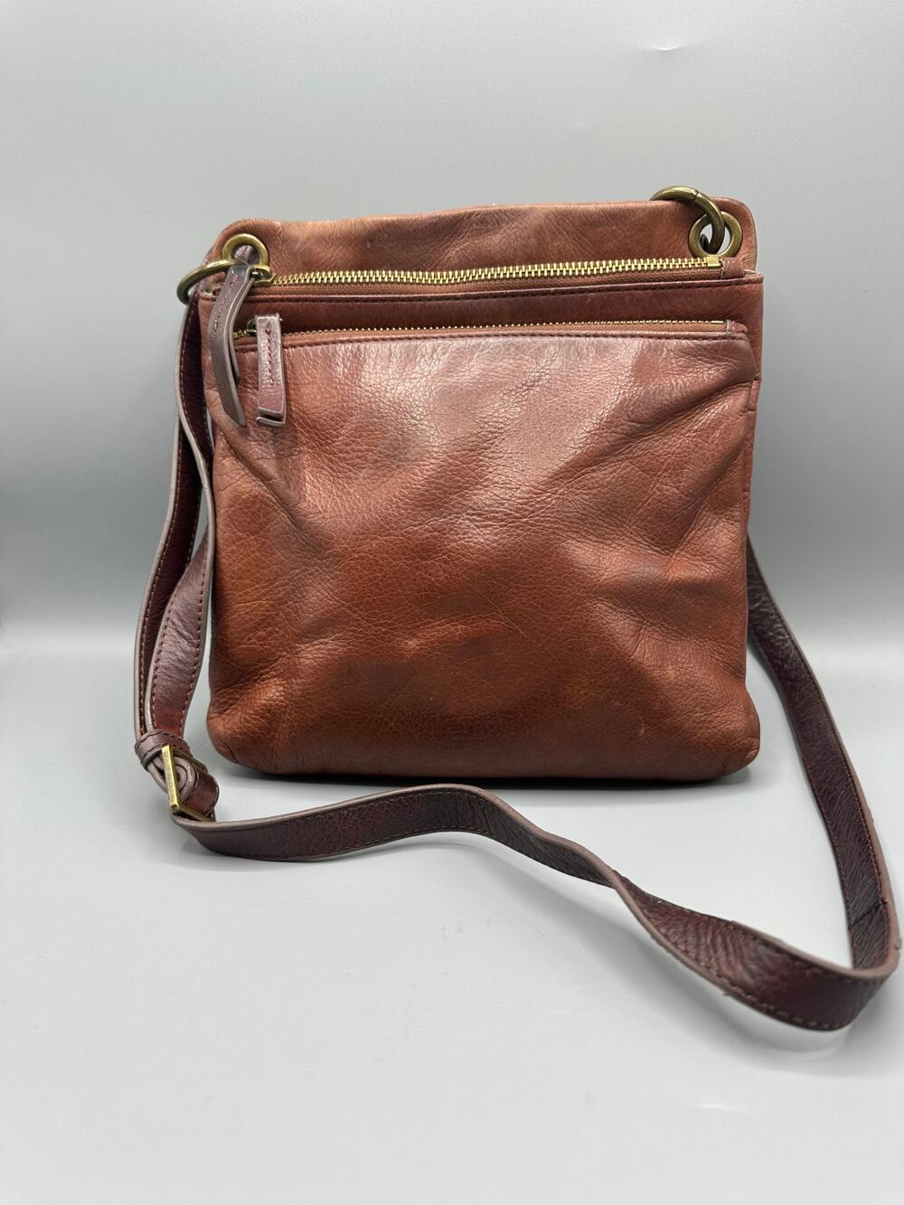 Margot New York Cognac Brown Leather Double Zip Crossbody Bag Purse 9.5x9.5 GUC